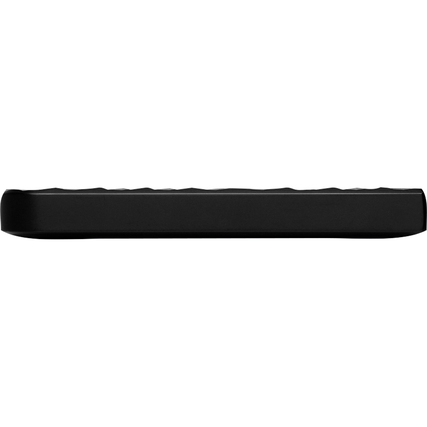 Schwarze externe Festplatte im Profil mit flachem, modernem Design.