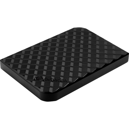 Schwarze externe Festplatte mit strukturierter Oberfläche in rechteckiger Form.