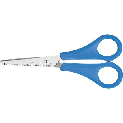 Gerade Kinderbastelschere mit spitzen Klingen und 5 cm-Maßeinteilung auf der Klinge.