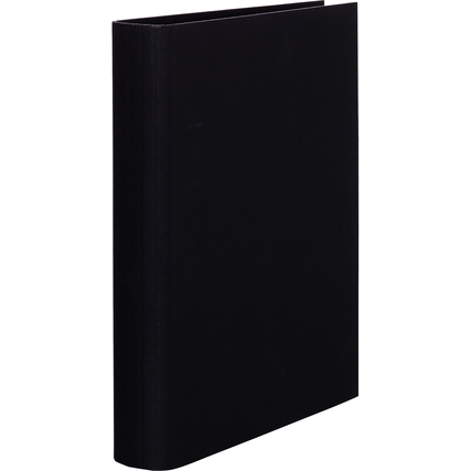 Schwarzes Ringbuch mit rundem Rücken und Prägung, in vertikaler Ansicht.