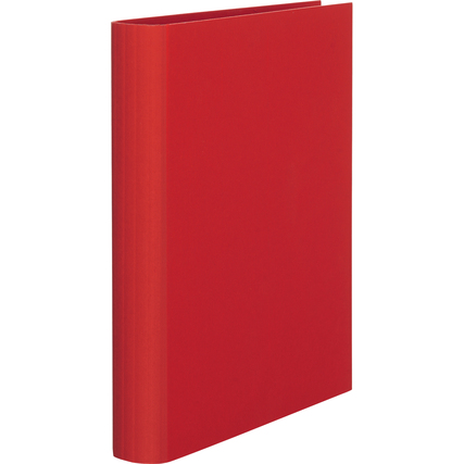 Rotes Ringbuch mit rundem Rücken und Rippen-Prägung, von der Vorderansicht gezeigt.