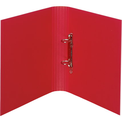 Rotes Ringbuch mit rundem Rücken und Rippen-Prägung, innen mit zwei Ringen sichtbar.