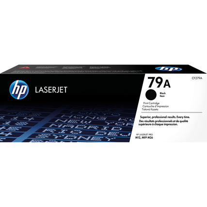 Schwarze Tonerpatrone 79A in Verpackung für HP LaserJet-Drucker.