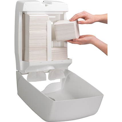 Doppelspender für Einzelblatt-Toilettenpapier mit Ansicht des Befüllens aus der Seitenansicht.