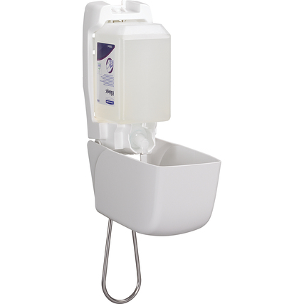 Wand-Seifenspender mit transparentem Seifenbehälter und abgerundeten Kanten.