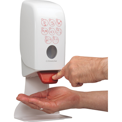 Desinfektionsspender mit Hand, der die richtige Menge Handdesinfektionsmittel abgibt.