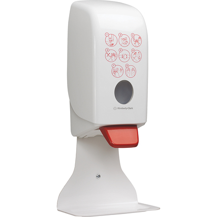 Handdesinfektionsspender in glänzendem Design mit Spenderhebel und Anleitungen in Symbolform.