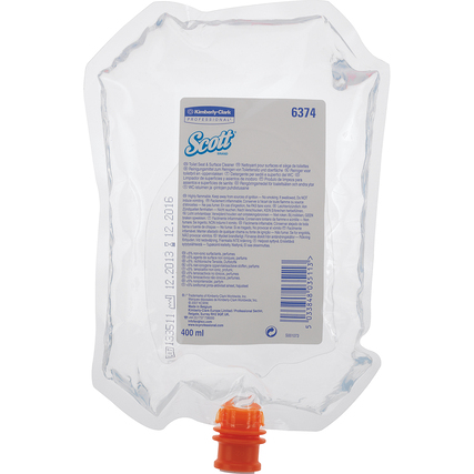 Transparenter Beutel mit orangefarbener Pumpe, gefüllt mit Flächendesinfektionsmittel.