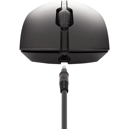 Überheadaufnahme einer schwarzen Maus mit Kabelanschluss.