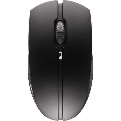 Obenansicht einer schwarzen kabellosen Maus mit Scrollrad und Akkuanzeige.