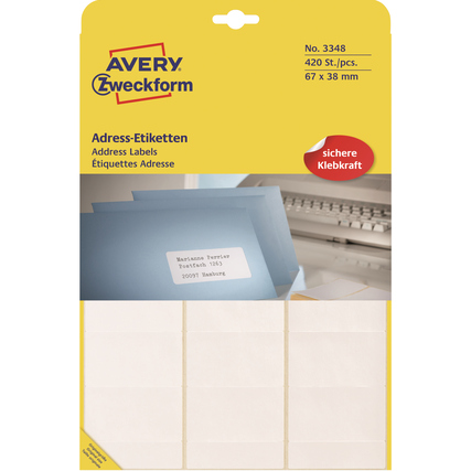 Packung mit leeren Adressetiketten, 67 x 38 mm, auf gelbem Hintergrund, für Handbeschriftung.