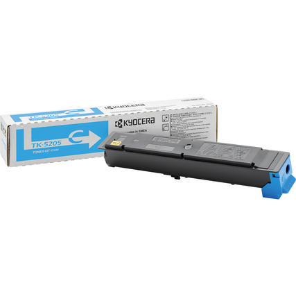 Cyanfarbener Toner TK-5205C in der Verpackung mit blauem Ende, seitliche Ansicht des Produkts.
