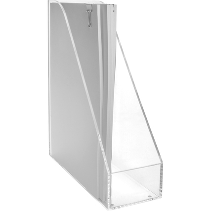 Transparenter Stehsammler aus Acryl mit schräg zulaufendem Design.