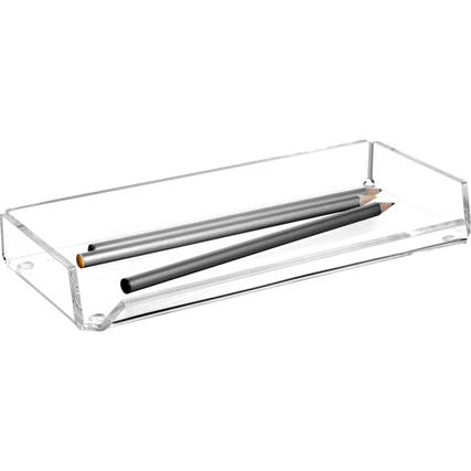 Transparente Acryl-Stiftschale mit drei Bleistiften, dekorativ auf einem Schreibtisch platziert.