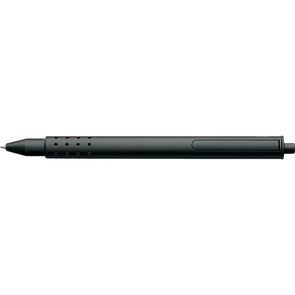 Kappenloser Tintenroller in Anthrazit mit versenkbarem Clip und ergonomischem Design.