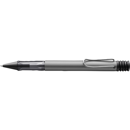 Grauer Lamy Kugelschreiber AL-star mit schwarzem Clip und gummiertem Griff.