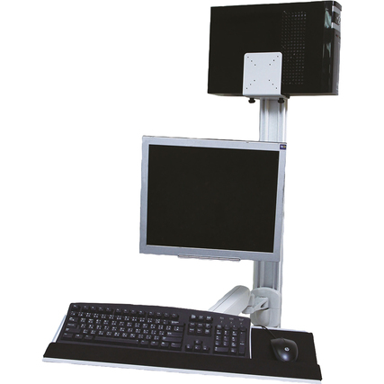 Wandmontierter PC-Arbeitsplatz mit Monitor, Tastatur und CPU-Halter in vertikaler Anordnung.