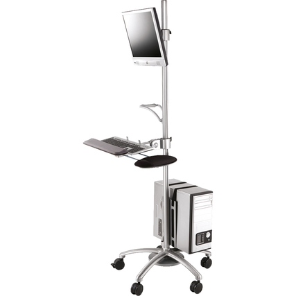 PC-Arbeitsplatz mit höhenverstellbarem Monitorarm, Tastatur- und Mausablage, auf Rollständer.