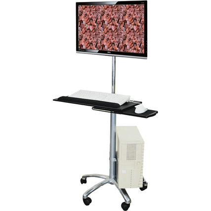 PC-Arbeitsplatz mit höhenverstellbarem Monitor, Tastatur und Maus auf einem Rollständer.