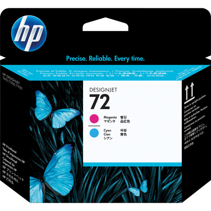 HP Druckkopf 72 in der Verpackung, farblich gekennzeichnet in cyan und magenta.