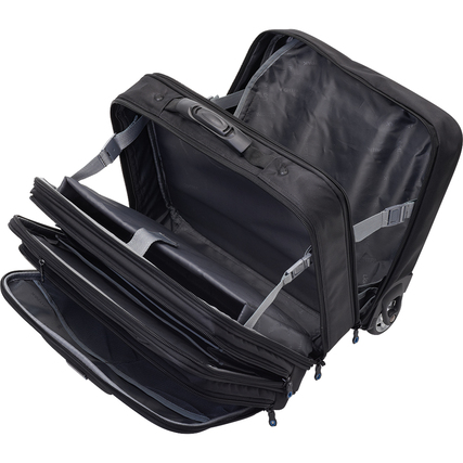 Schwarzer Business Trolley mit geöffnetem Innenraum und mehreren Fächern für Laptop und Zubehör.