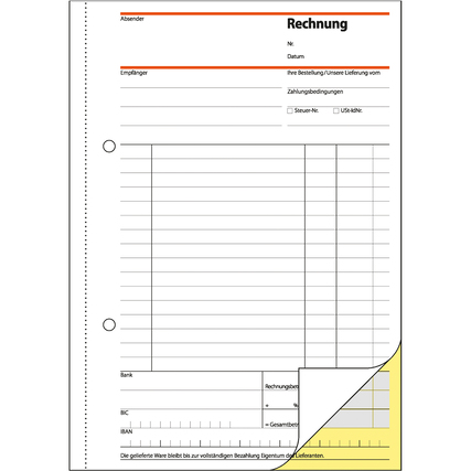 Rechnungsblock mit Formularen und erforderlichen Angaben wie IBAN und Rechnungsnummer.