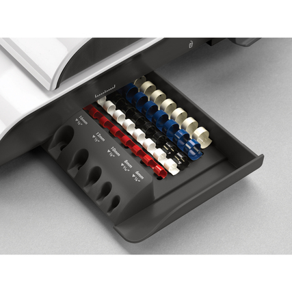 Plastikbindegerät mit offenem Fach zur Aufbewahrung von Binderücken in verschiedenen Größen.