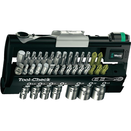 38-teiliges Bit-Set mit Ratsche, Bits und Nüssen in praktischer Tool-Check Box.