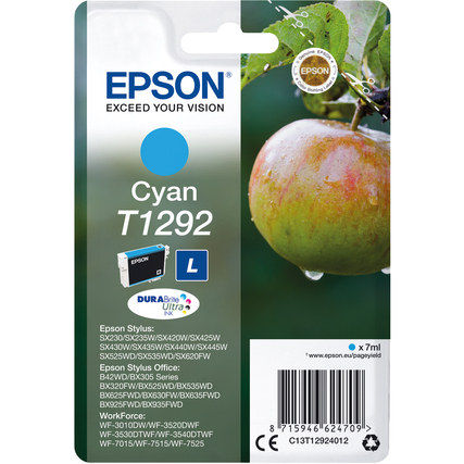 Epson Tintenpatrone T1292 in Cyan auf einer Verpackung mit Apfel im Hintergrund.
