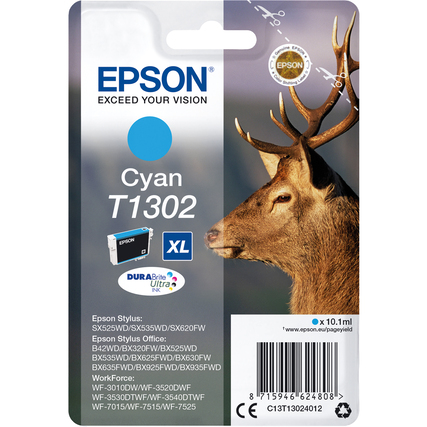 Epson Tintenpatrone T1302 in cyan, Verpackung mit Abbildung eines Rehs im Hintergrund.