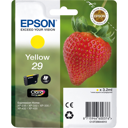 Gelbe Epson Tintenpatrone 29 in Verpackung mit Erdbeere als Hintergrund.