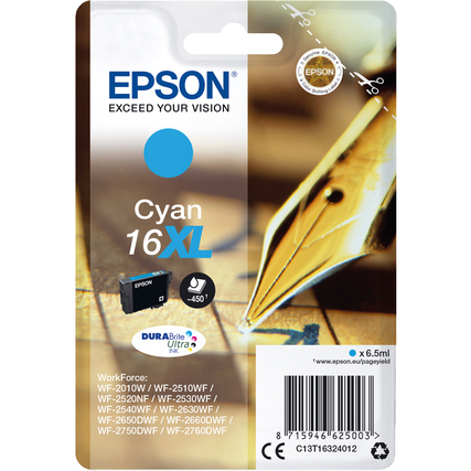 Cyan Tintenpatrone 16XL für Epson-Drucker in verpackter Produktabbildung.
