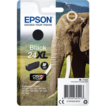 Epson Tintenpatrone 24XL schwarz in Verpackung mit Abbildung eines Elefanten im Hintergrund.