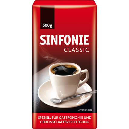 Packung mit 500g SINFONIE Kaffee Classic neben einer Tasse Kaffee auf einem Unterteller.