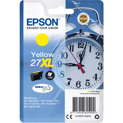 Gelbe Tintenpatrone 27XL in Verpackung mit Uhr im Hintergrund.