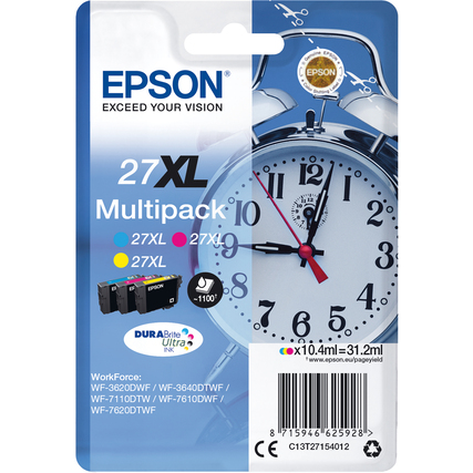 Tintenpatronen im Multipack für Drucker, verpackt auf einer Blisterkarte mit Uhr im Hintergrund.
