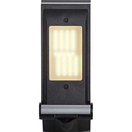 Tischleuchte mit schmalem Gehäuse und LED-Lichtquelle in frontaler Ansicht.