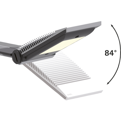 Tischleuchte mit flexiblen Gelenken und einem hellen LED-Licht, neigbar bis 84 Grad.
