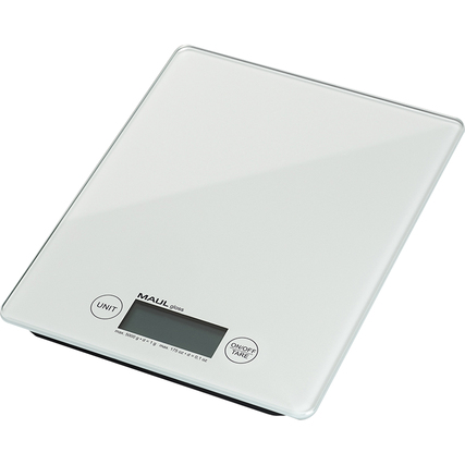 Flache weiße Briefwaage mit LCD-Display und Tasten für Gewichtseinheiten und Tara-Funktion.