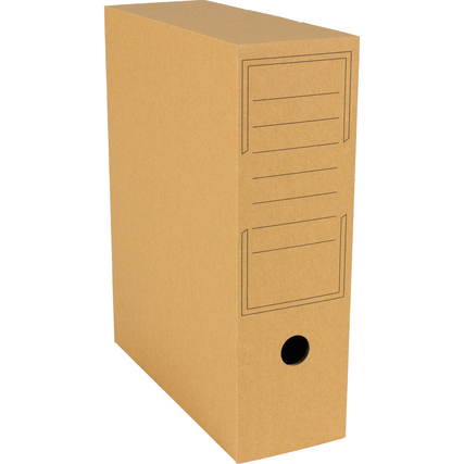Braune Archivbox mit beschriftbarem Feld, in Hochformat und ohne weitere Dekoration.