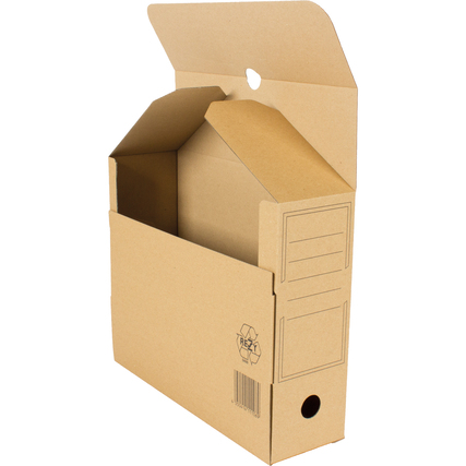 Kartonarchivbox mit aufgesetztem Deckel, seitlichem Eingriff und Adressfeld.