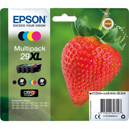 Tintenpatronen-Multipack mit schwarzer, cyan, magenta und gelber Patrone vor einer Erdbeere.