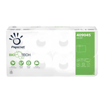Paket mit vier Rollen Toilettenpapier in Plastikverpackung und grünem Aufkleber.