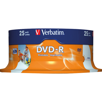 Verbatim DVD-R Spindel mit 25 bedruckbaren Discs, abgebildet im Hochformat.
