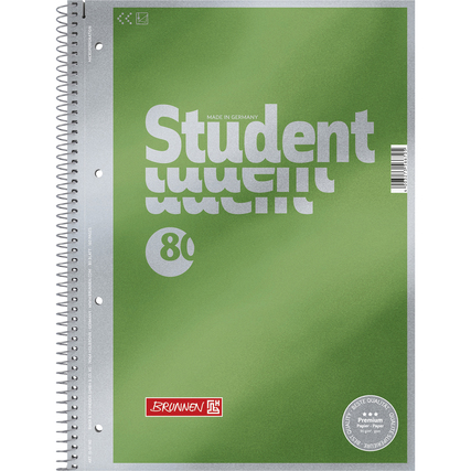 Collegeblock mit grüner Titelseite, Spiralbindung und Rückenpappe, DIN A4, blanko.