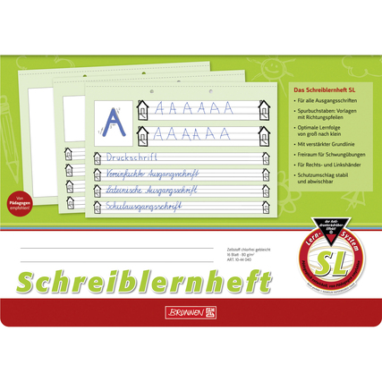 Schreiblernheft im DIN A4 Format mit linierten und auseinandergeschriebenen Buchstaben.