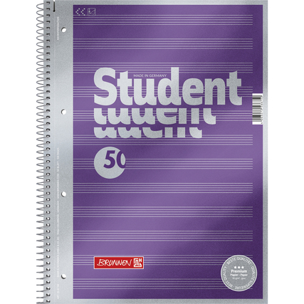 Doppelt spiralf Binding Din A4 Collegeblock mit lila Deckblatt und Aufschrift 'Student'.