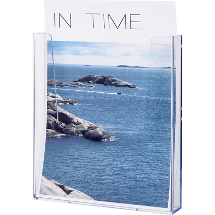 Prospekthalter für DIN A4 mit transparentem Design und Inhalt eines Landschaftsfotos.