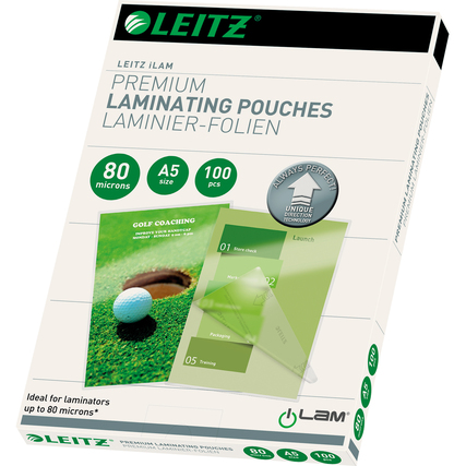 Laminierfolien im A5-Format mit Verpackung, die die Anzahl und den Mikrongehalt anzeigt.