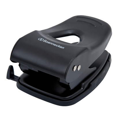 Schwarzer Registraturlocher mit rutschfestem Boden und integriertem Namensschild.